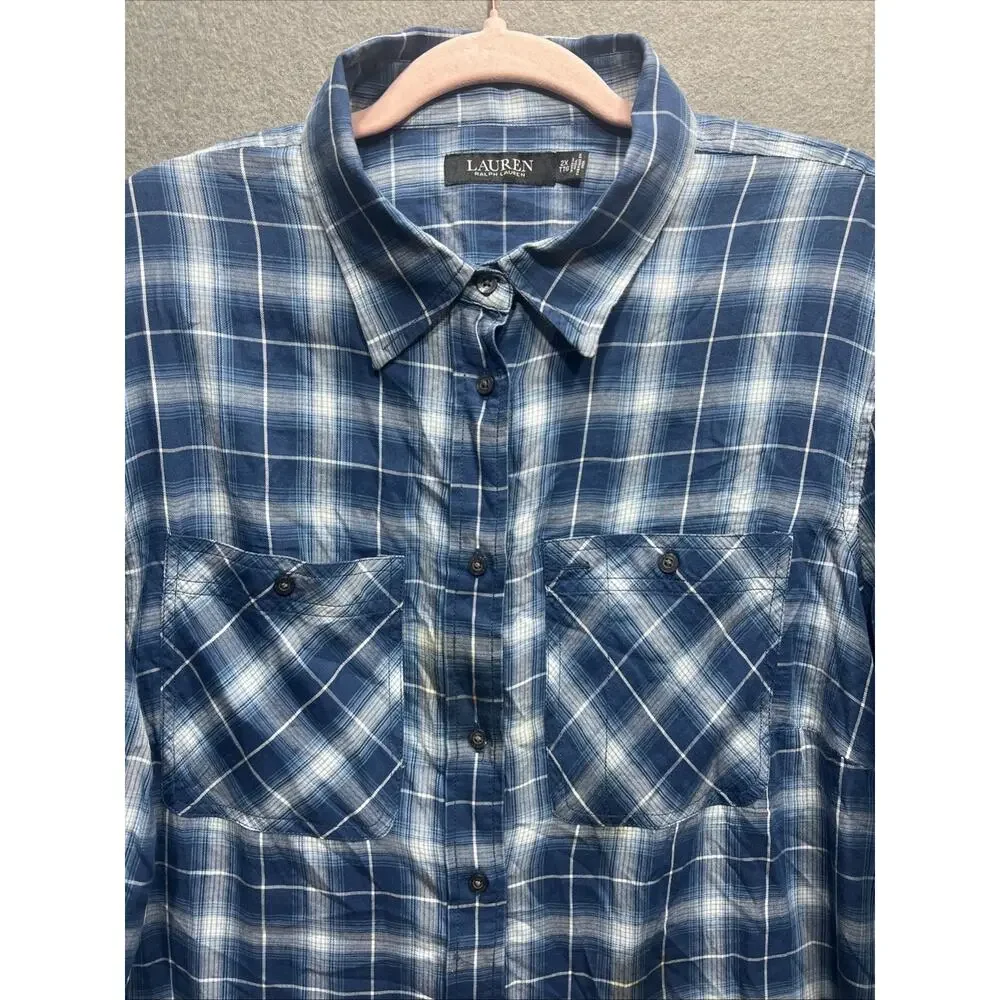 Lauren Ralph Lauren Black Label Plaid Cotton Twill Shirt Blue Womens Size 2X - Picture 6 of 14